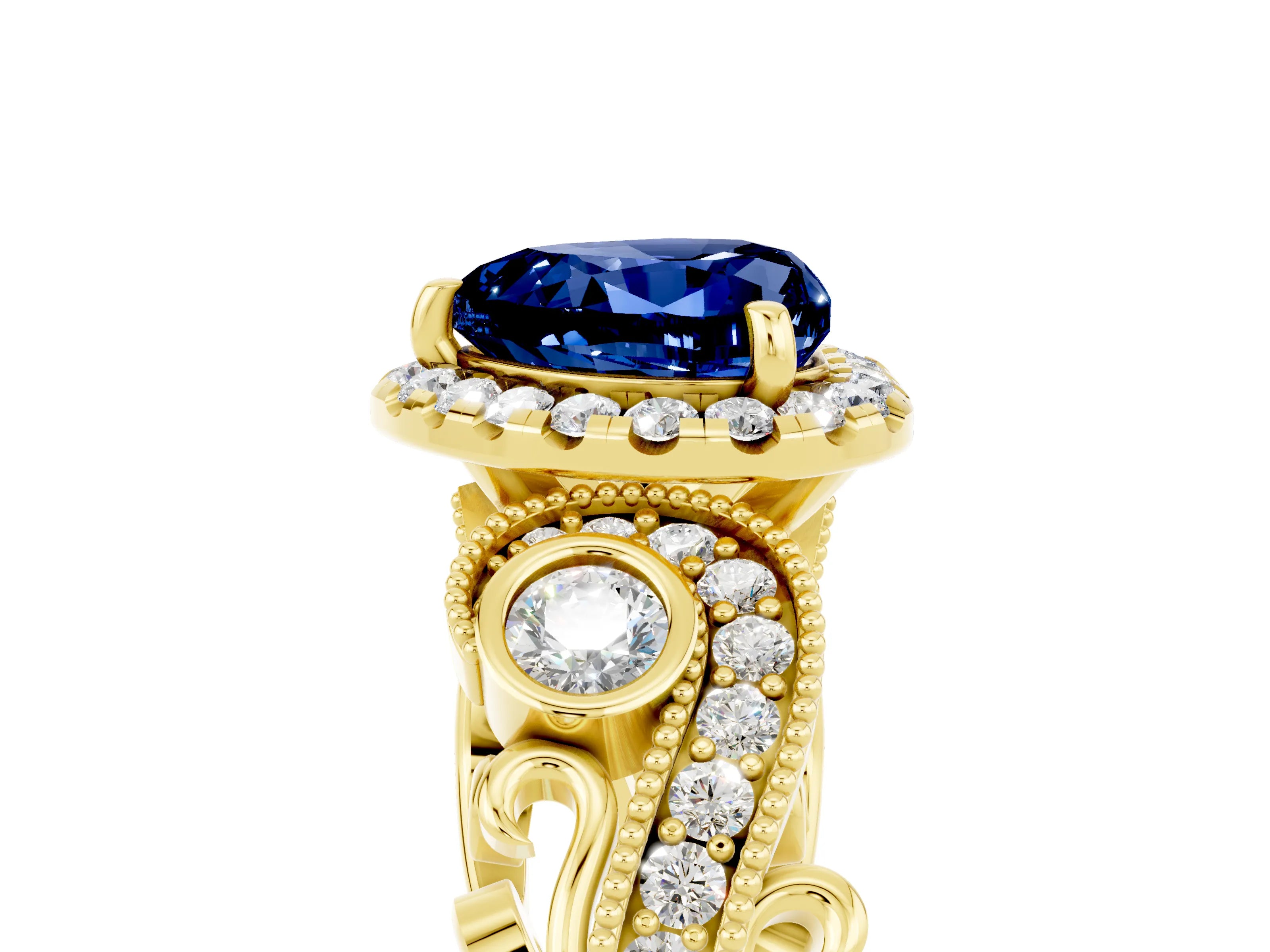 Yellow gold Heart Cut Blue Sapphire Halo Ring with Milgrain Pavé Band and Four-Prong Setting_17