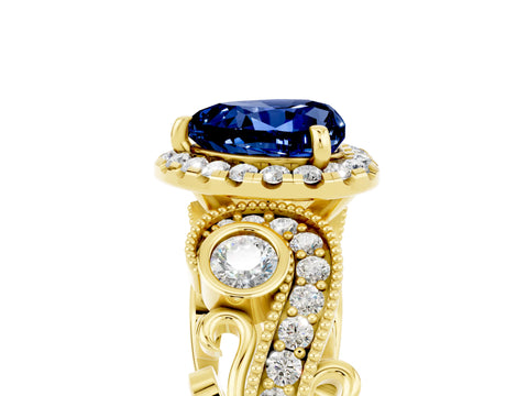 Yellow gold Heart Cut Blue Sapphire Halo Ring with Milgrain Pavé Band and Four-Prong Setting_17
