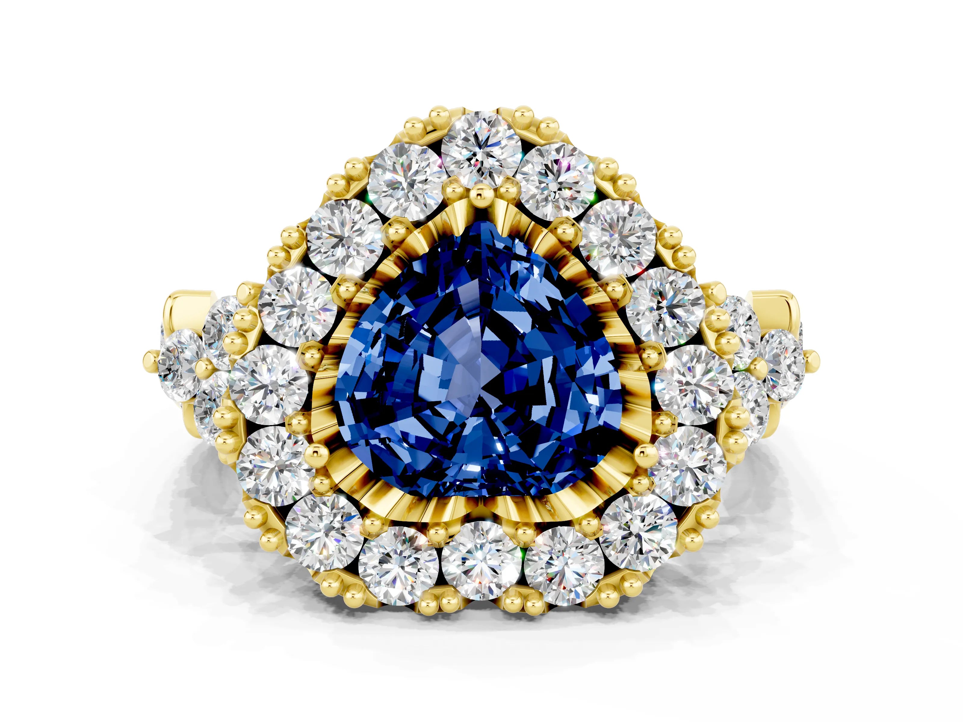 Yellow gold Heart Cut Blue Sapphire Halo Ring with Pavé Band and Four-Prong Setting_12