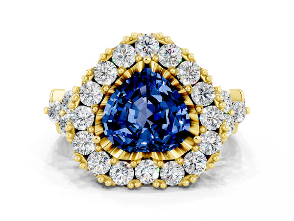 Yellow gold Heart Cut Blue Sapphire Halo Ring with Pavé Band and Four-Prong Setting