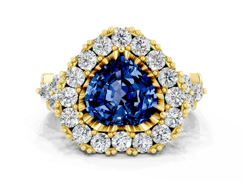 Yellow gold Heart Cut Blue Sapphire Halo Ring with Pavé Band and Four-Prong Setting_12