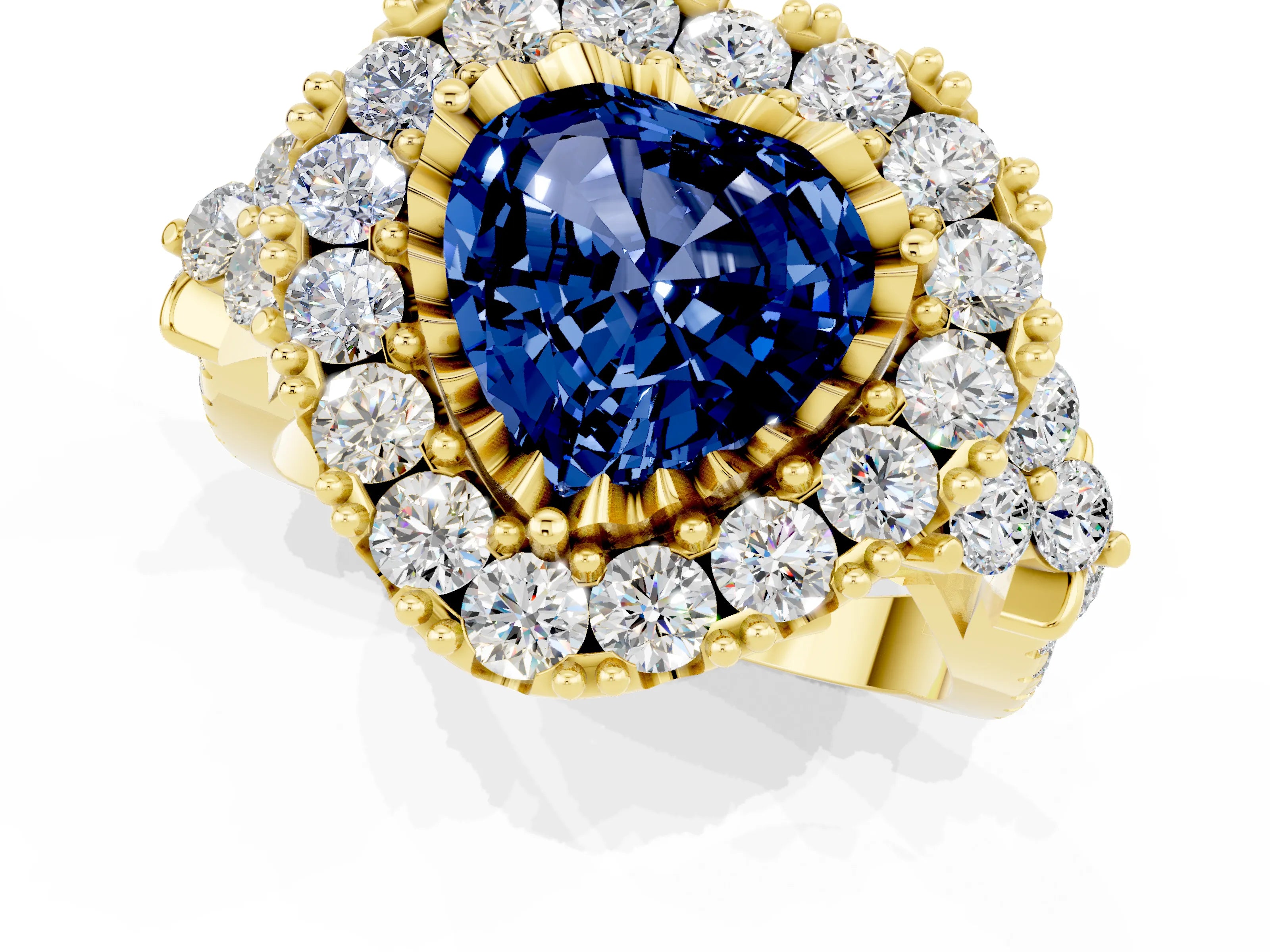 Yellow gold Heart Cut Blue Sapphire Halo Ring with Pavé Band and Four-Prong Setting_13