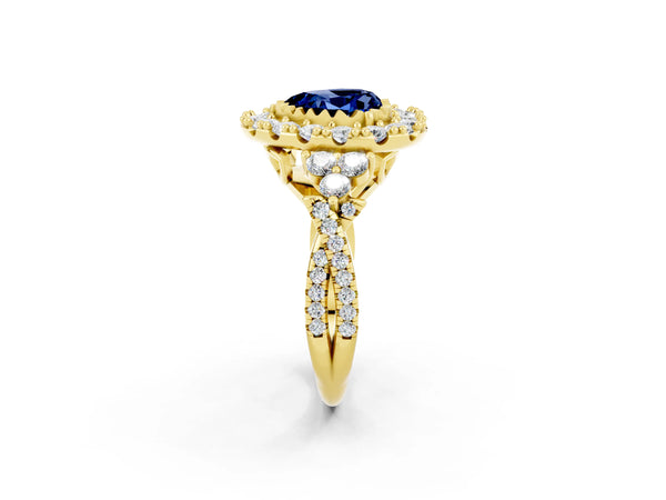 Yellow gold Heart Cut Blue Sapphire Halo Ring with Pavé Band and Four-Prong Setting