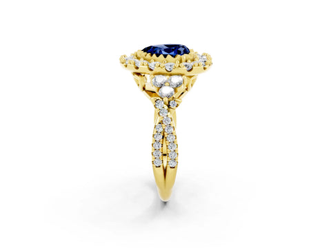 Yellow gold Heart Cut Blue Sapphire Halo Ring with Pavé Band and Four-Prong Setting_14