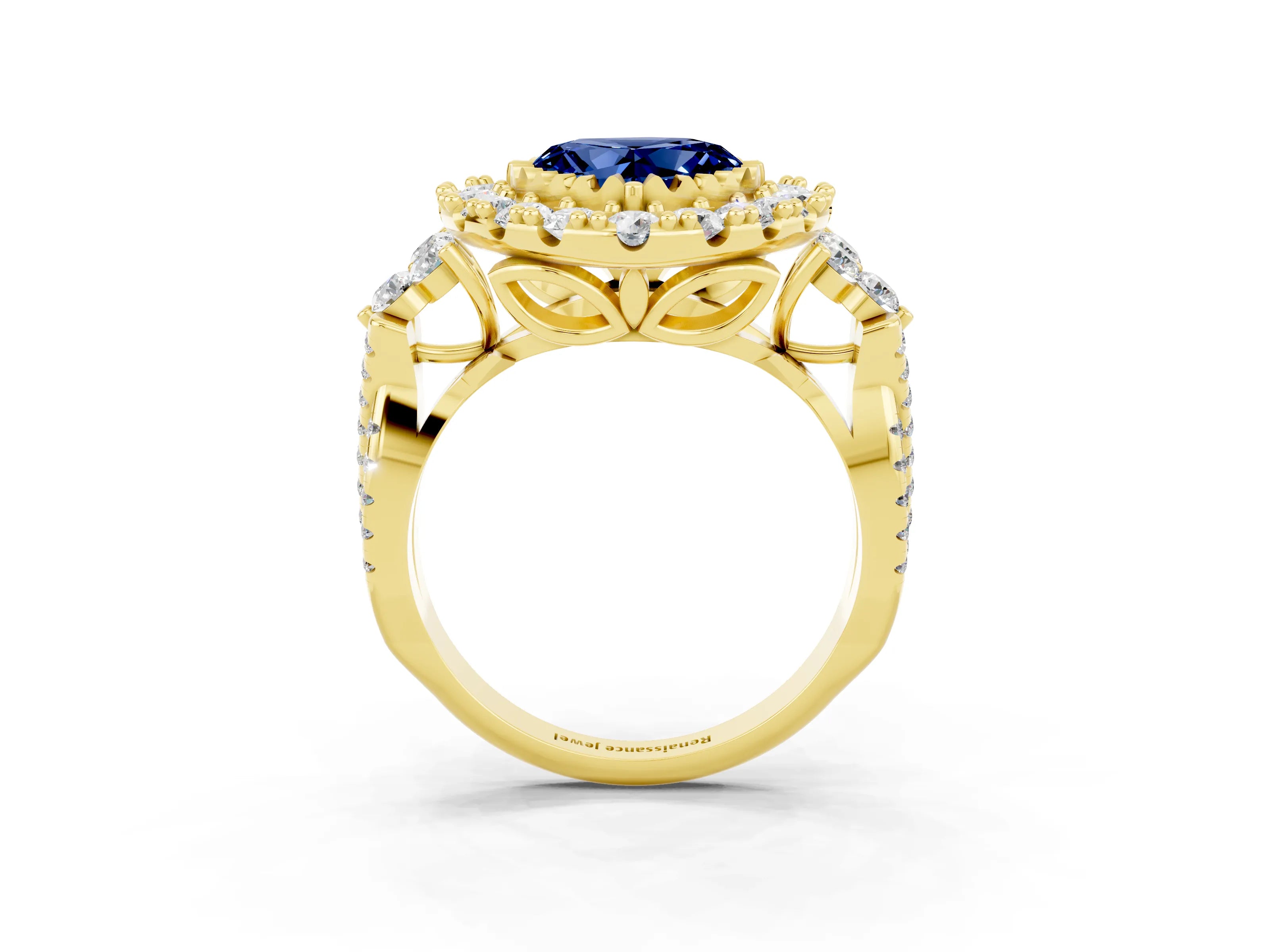Yellow gold Heart Cut Blue Sapphire Halo Ring with Pavé Band and Four-Prong Setting_15