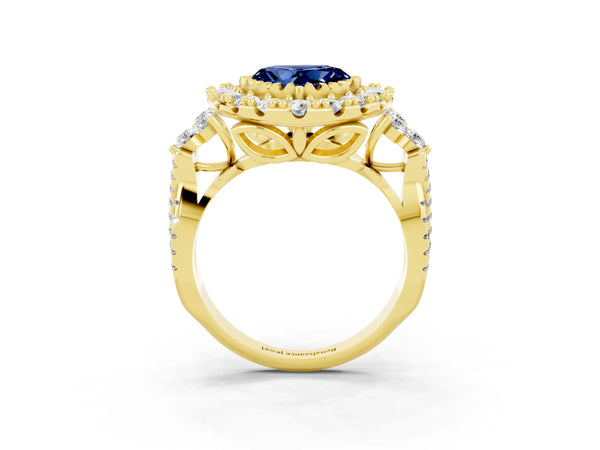 Yellow gold Heart Cut Blue Sapphire Halo Ring with Pavé Band and Four-Prong Setting