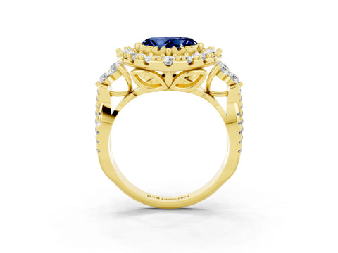 Yellow gold Heart Cut Blue Sapphire Halo Ring with Pavé Band and Four-Prong Setting_15
