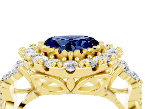 Yellow gold Heart Cut Blue Sapphire Halo Ring with Pavé Band and Four-Prong Setting_16