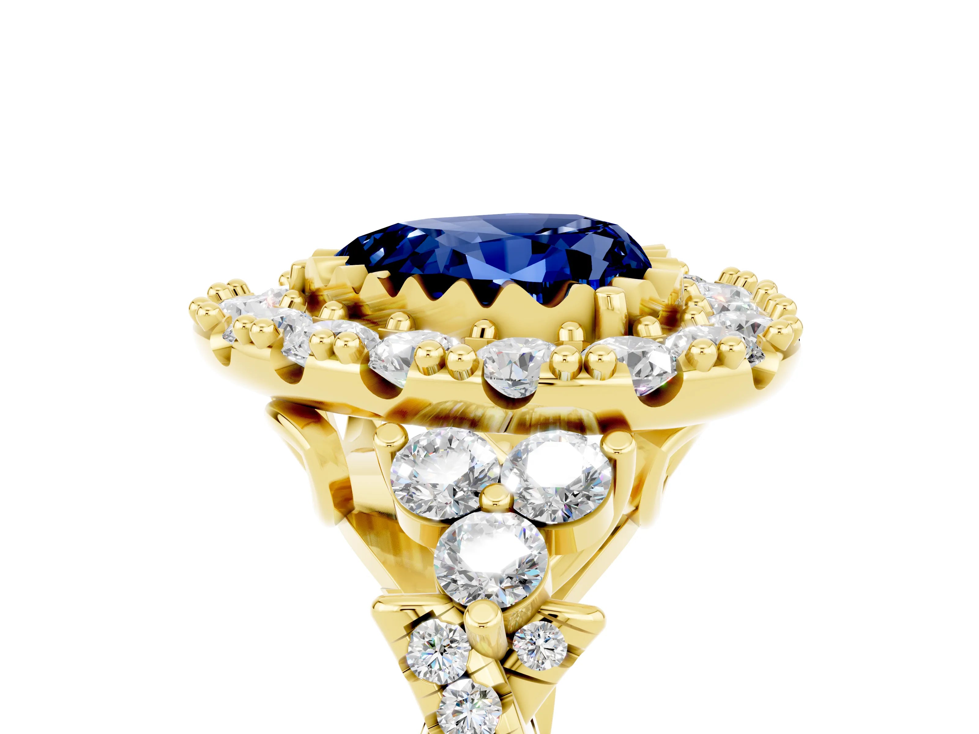 Yellow gold Heart Cut Blue Sapphire Halo Ring with Pavé Band and Four-Prong Setting_17