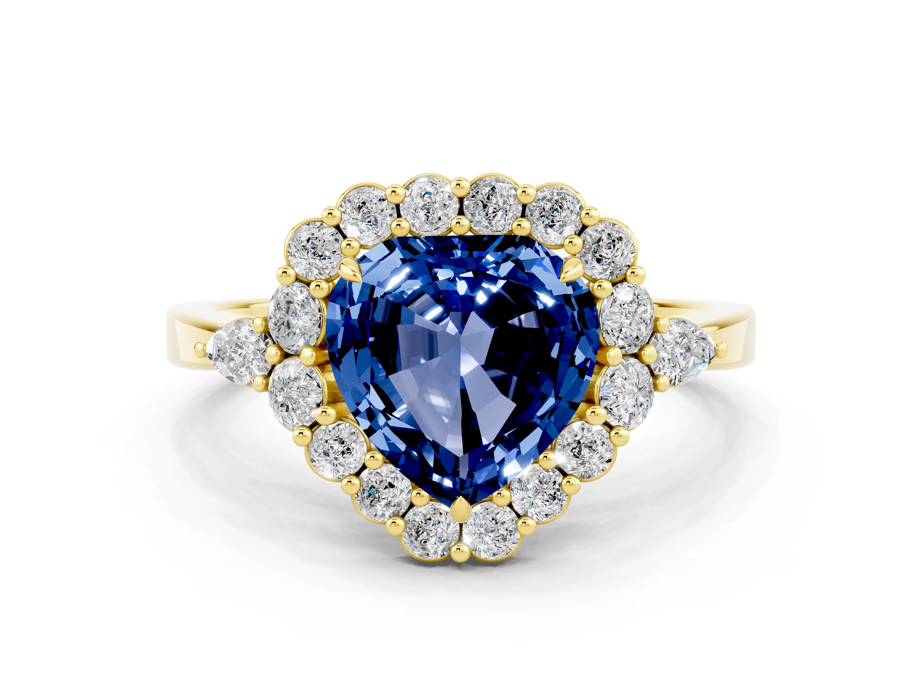 Yellow gold Heart Cut Blue Sapphire Halo Ring with Pear Side Stones and Prong Setting_12