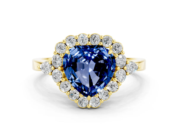 Yellow gold Heart Cut Blue Sapphire Halo Ring with Pear Side Stones and Prong Setting