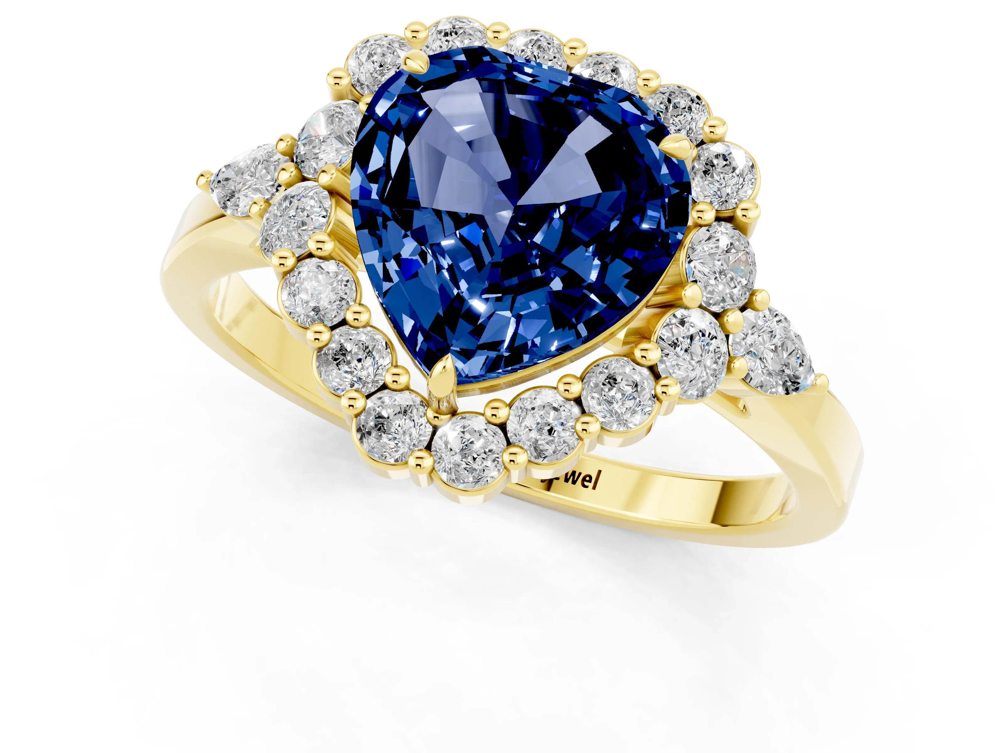 Yellow gold Heart Cut Blue Sapphire Halo Ring with Pear Side Stones and Prong Setting_13