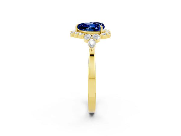 Yellow gold Heart Cut Blue Sapphire Halo Ring with Pear Side Stones and Prong Setting