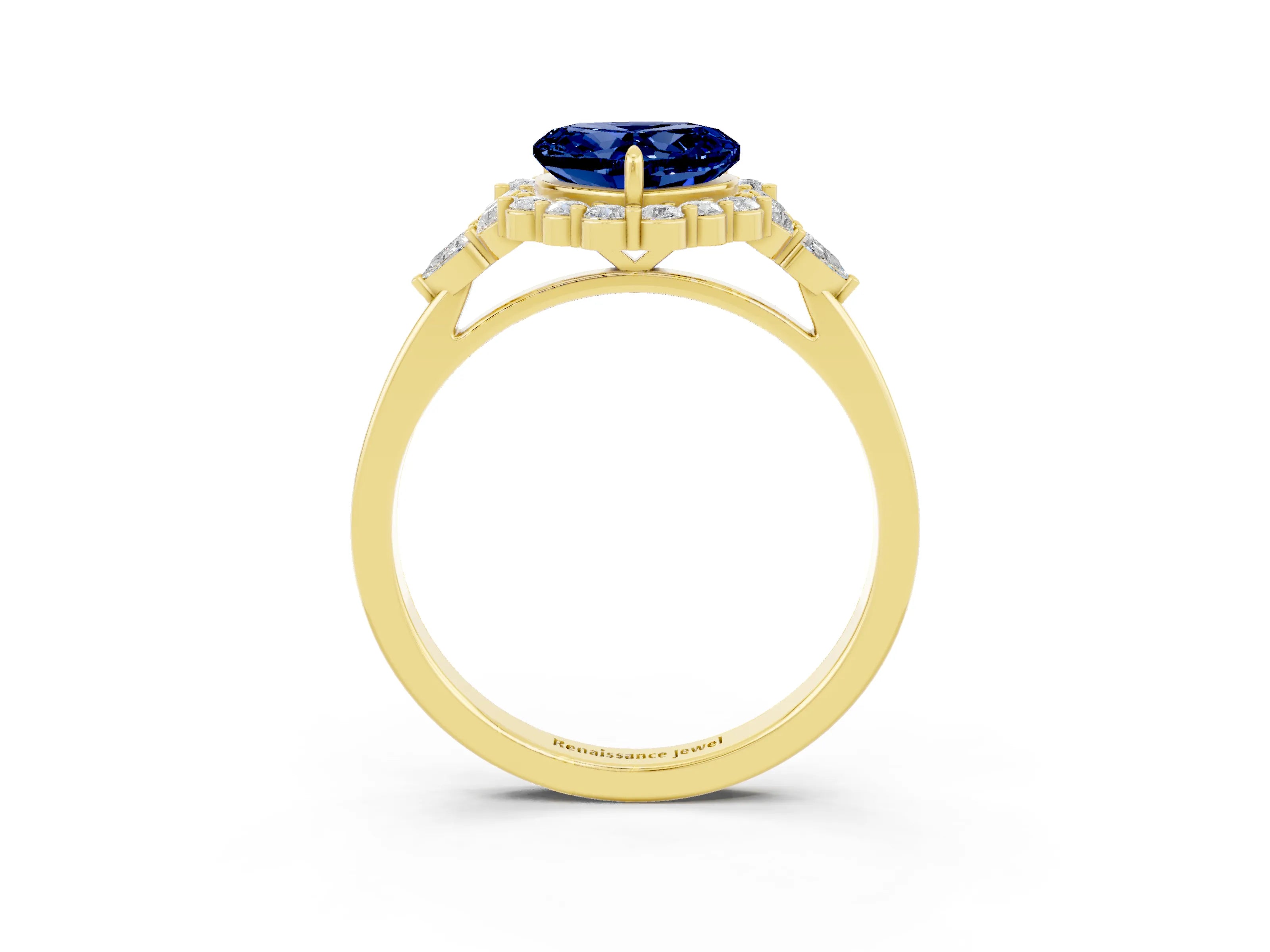 Yellow gold Heart Cut Blue Sapphire Halo Ring with Pear Side Stones and Prong Setting_15