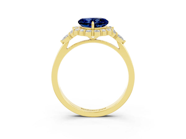 Yellow gold Heart Cut Blue Sapphire Halo Ring with Pear Side Stones and Prong Setting