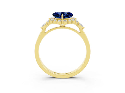 Yellow gold Heart Cut Blue Sapphire Halo Ring with Pear Side Stones and Prong Setting_15