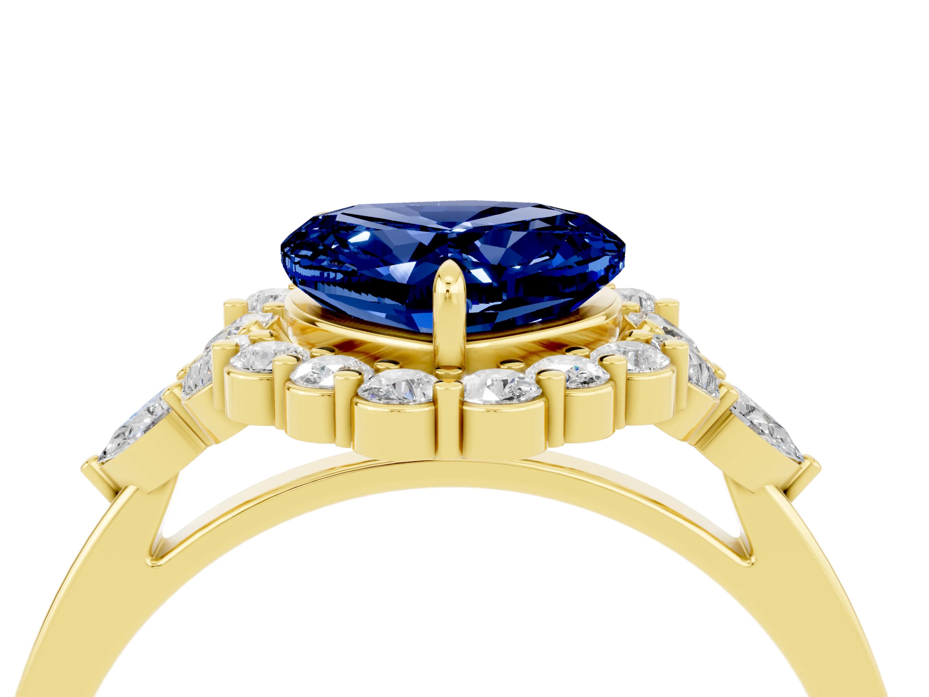 Yellow gold Heart Cut Blue Sapphire Halo Ring with Pear Side Stones and Prong Setting_16