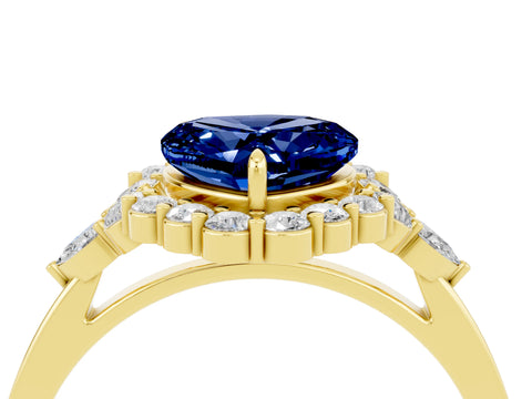 Yellow gold Heart Cut Blue Sapphire Halo Ring with Pear Side Stones and Prong Setting_16