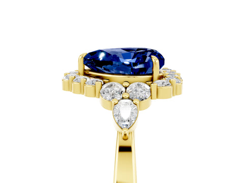 Yellow gold Heart Cut Blue Sapphire Halo Ring with Pear Side Stones and Prong Setting_17