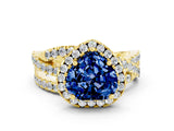 Yellow gold Heart Cut Blue Sapphire Halo Ring with Round Split Shank and Prong Setting_48