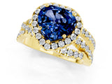 Yellow gold Heart Cut Blue Sapphire Halo Ring with Round Split Shank and Prong Setting_49