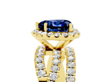 Yellow gold Heart Cut Blue Sapphire Halo Ring with Round Split Shank and Prong Setting_53