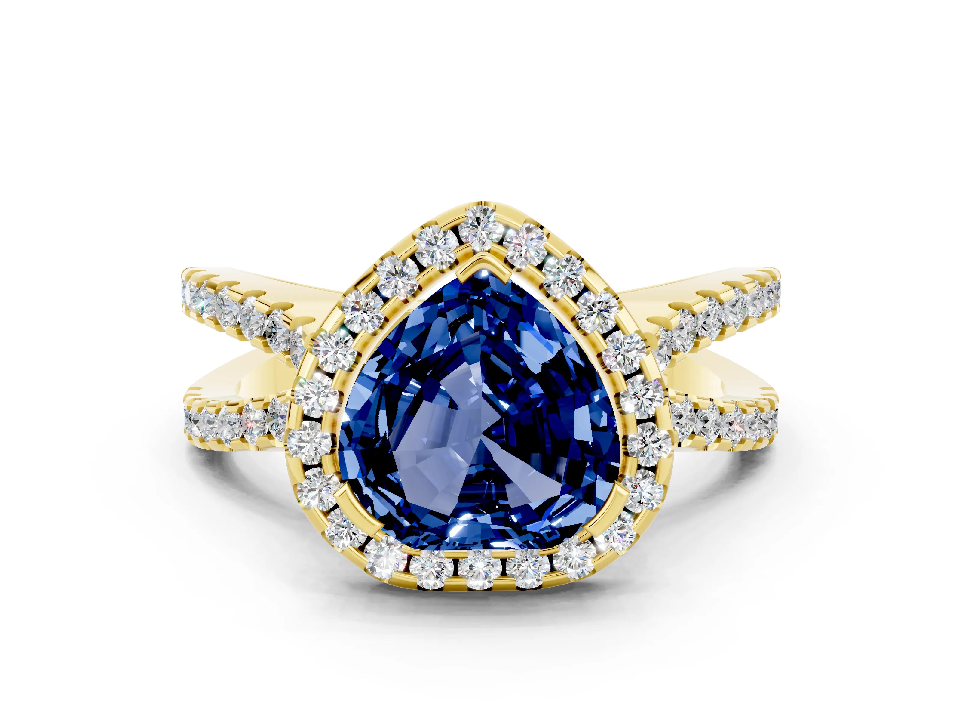 Yellow gold Heart Cut Blue Sapphire Halo Ring with Split Shank Pavé Band and Prong Setting