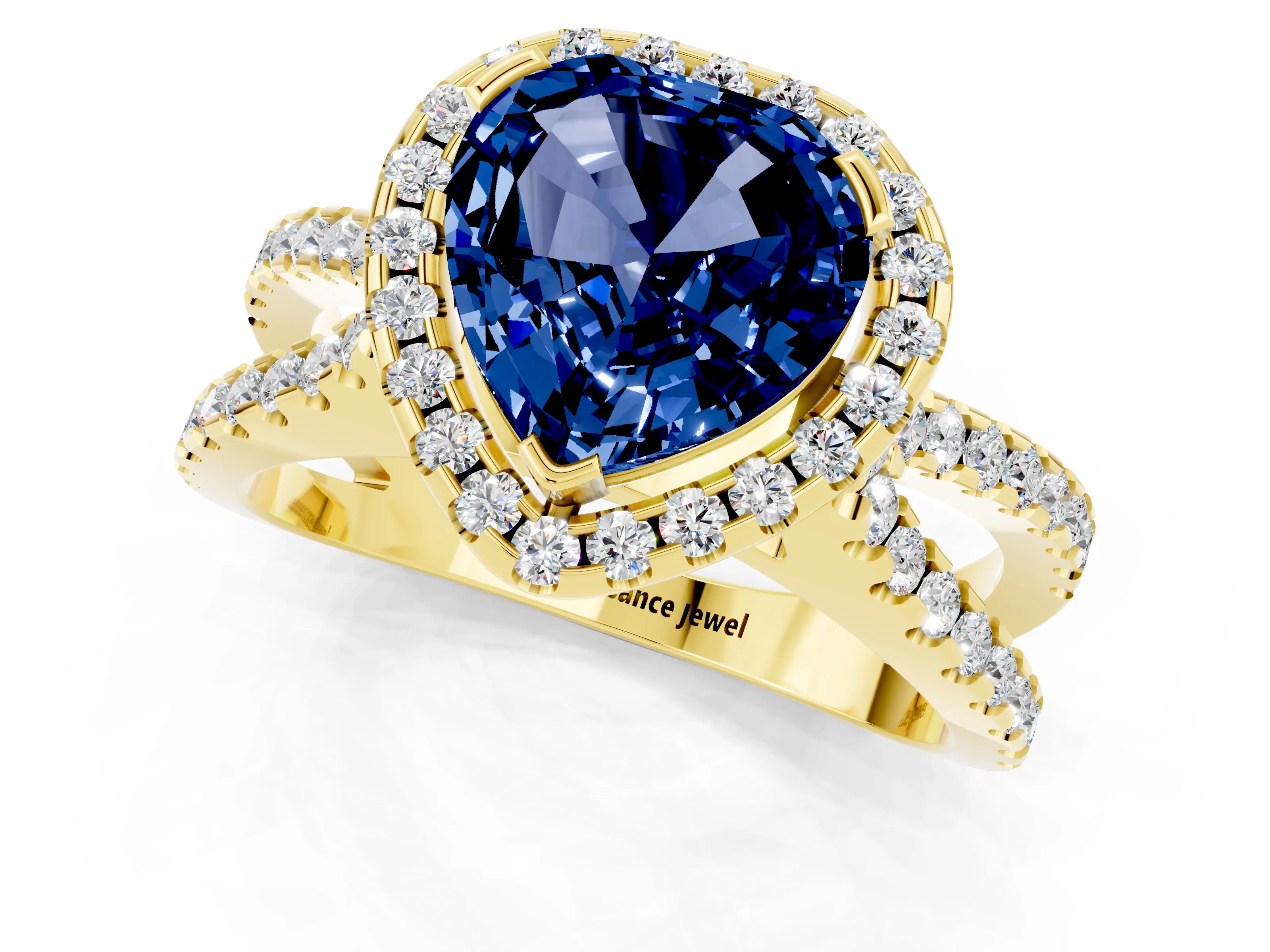 Yellow gold Heart Cut Blue Sapphire Halo Ring with Split Shank Pavé Band and Prong Setting_1