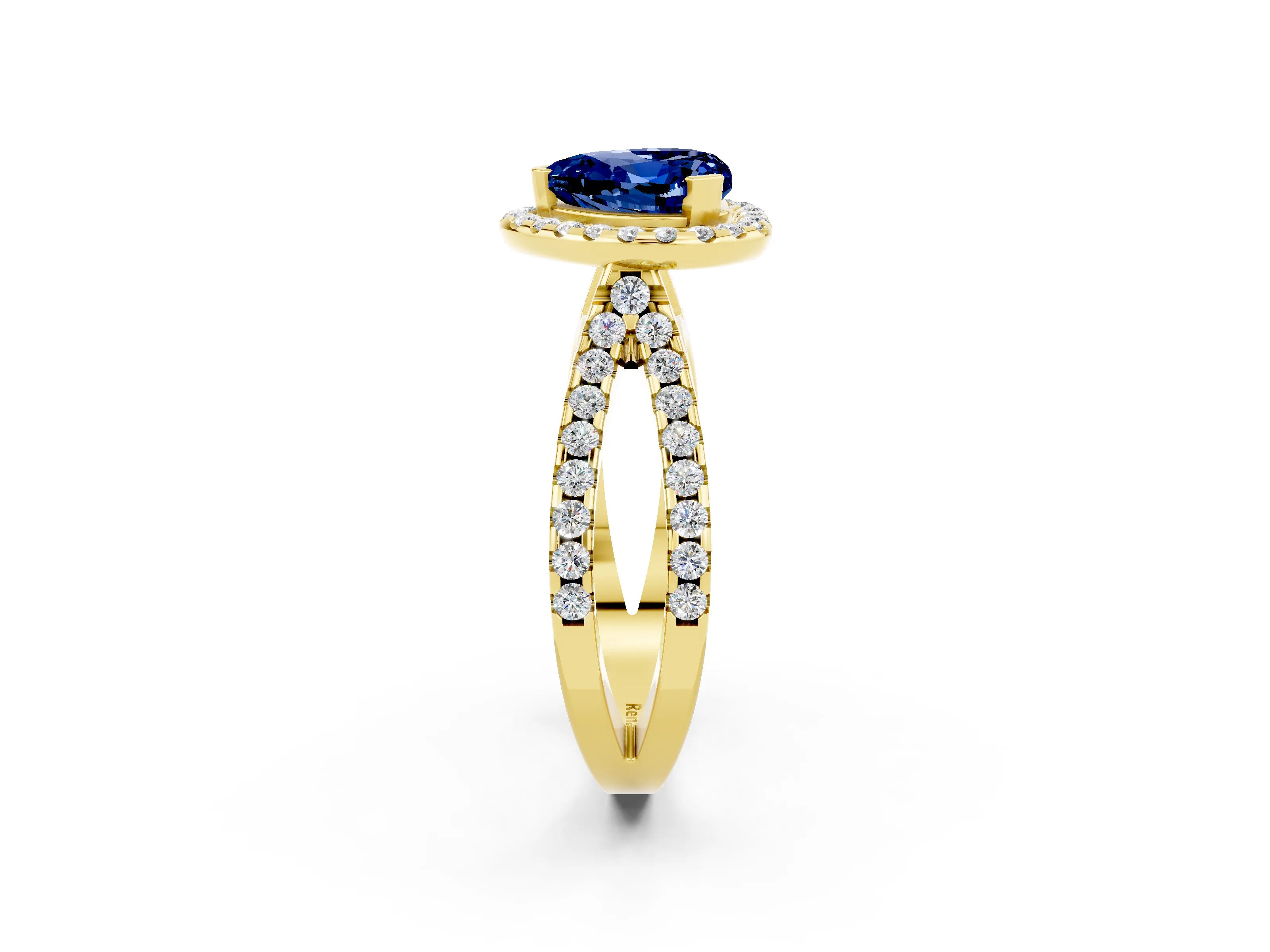 Yellow gold Heart Cut Blue Sapphire Halo Ring with Split Shank Pavé Band and Prong Setting_2