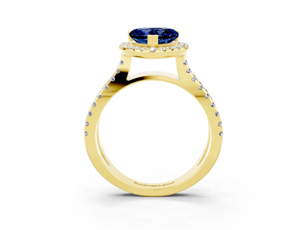 Yellow gold Heart Cut Blue Sapphire Halo Ring with Split Shank Pavé Band and Prong Setting