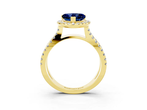 Yellow gold Heart Cut Blue Sapphire Halo Ring with Split Shank Pavé Band and Prong Setting_3