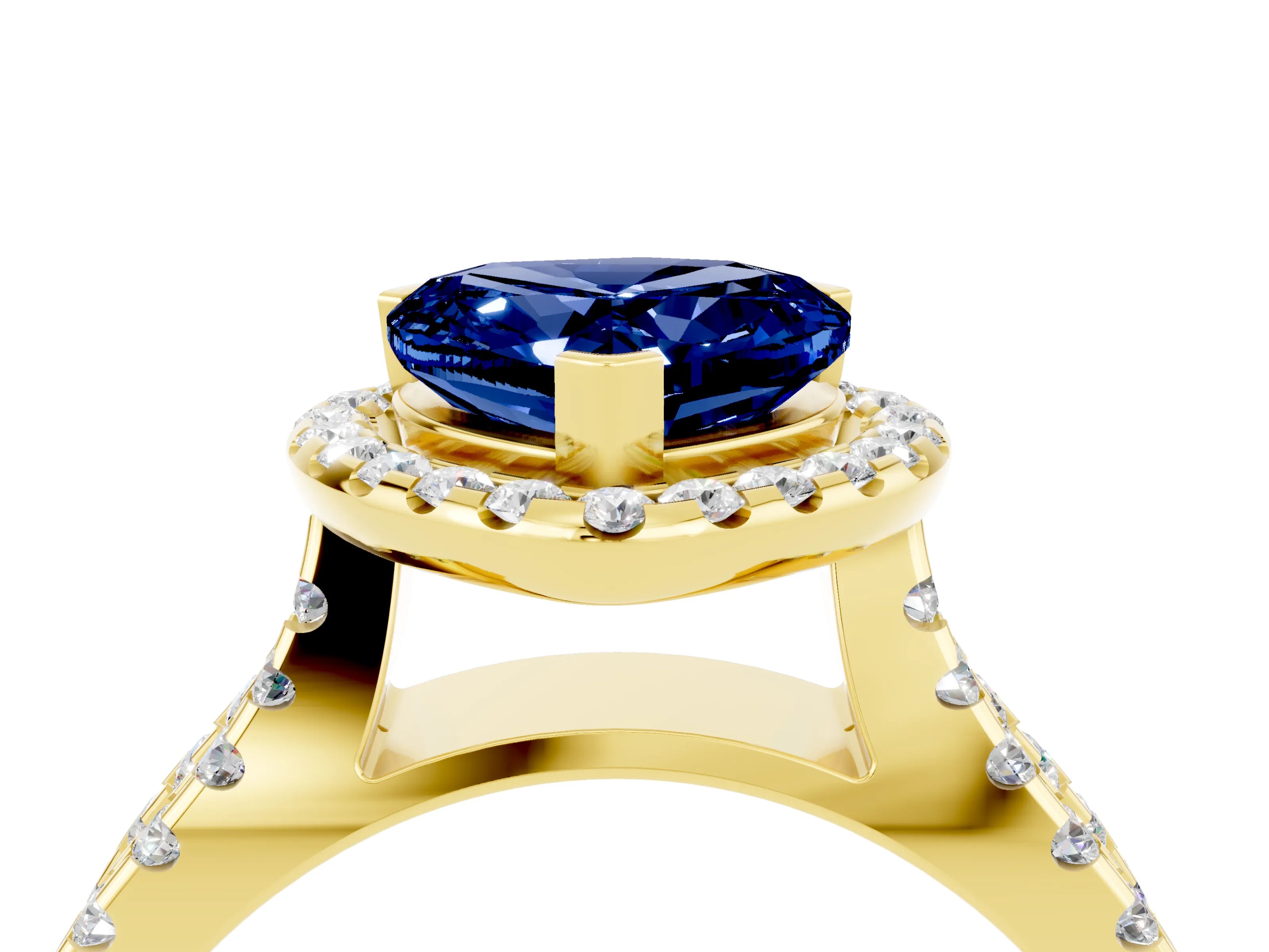 Yellow gold Heart Cut Blue Sapphire Halo Ring with Split Shank Pavé Band and Prong Setting_4
