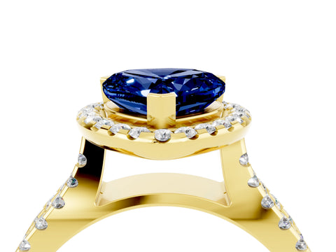 Yellow gold Heart Cut Blue Sapphire Halo Ring with Split Shank Pavé Band and Prong Setting_4