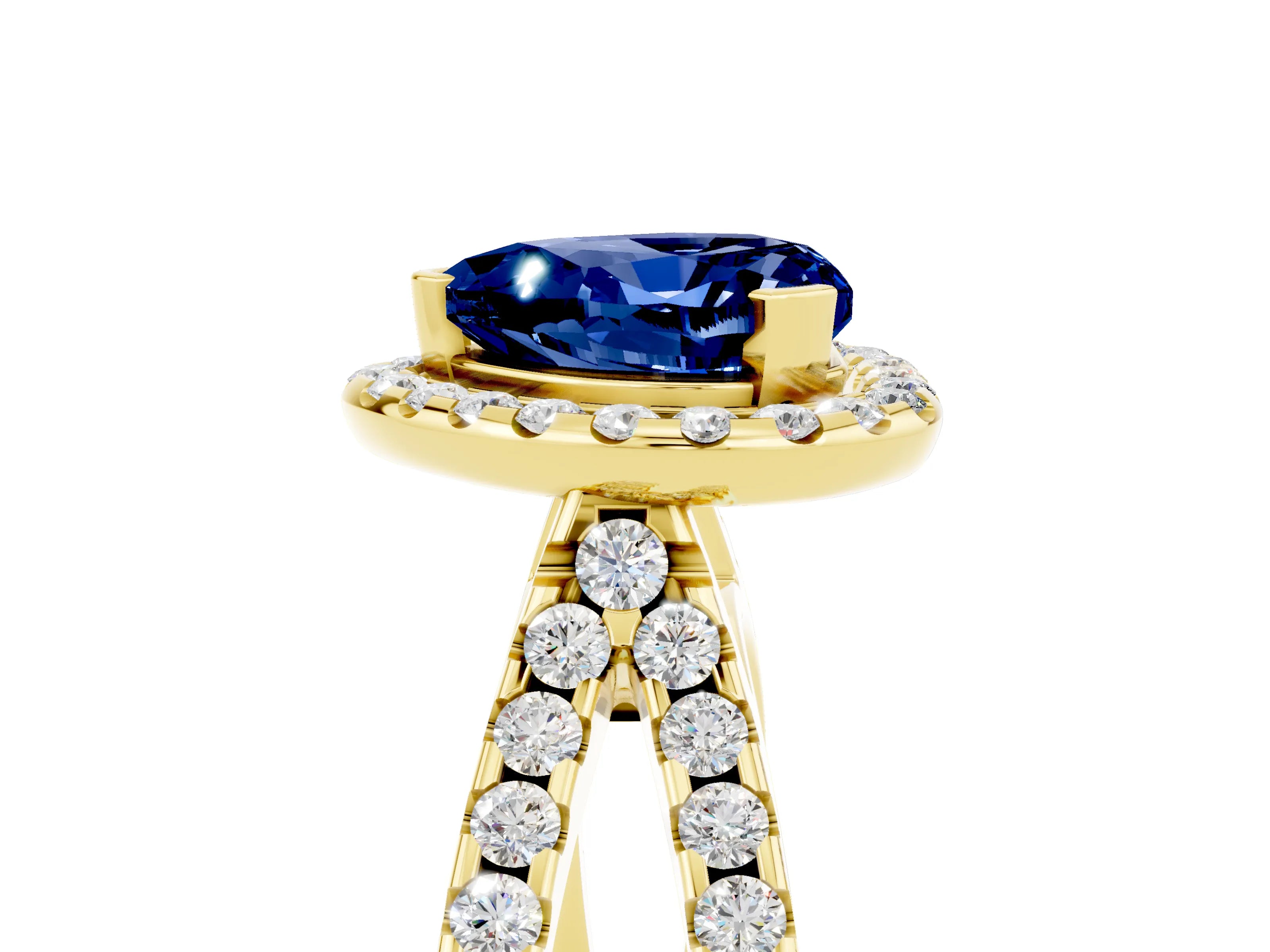 Yellow gold Heart Cut Blue Sapphire Halo Ring with Split Shank Pavé Band and Prong Setting_5