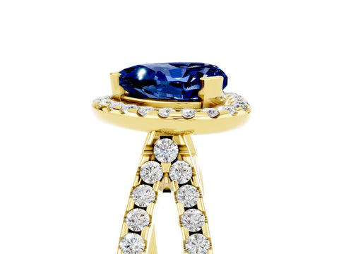 Yellow gold Heart Cut Blue Sapphire Halo Ring with Split Shank Pavé Band and Prong Setting_5