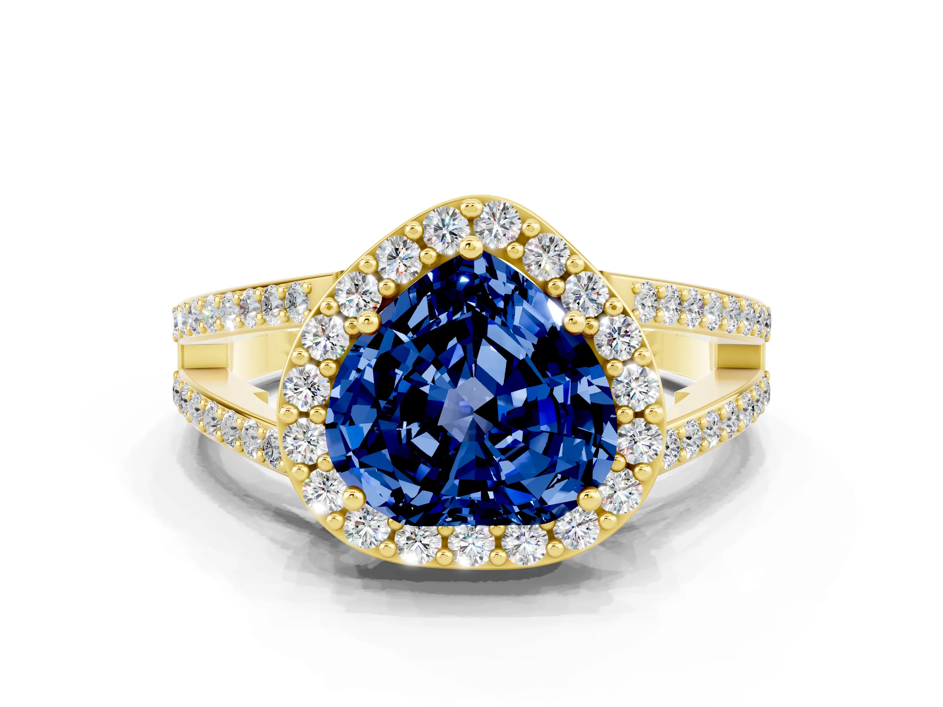 Yellow gold Heart Cut Blue Sapphire Halo Ring with Split Shank U-Prong Band and Four-Prong Setting