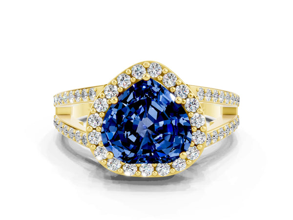 Yellow gold Heart Cut Blue Sapphire Halo Ring with Split Shank U-Prong Band and Four-Prong Setting
