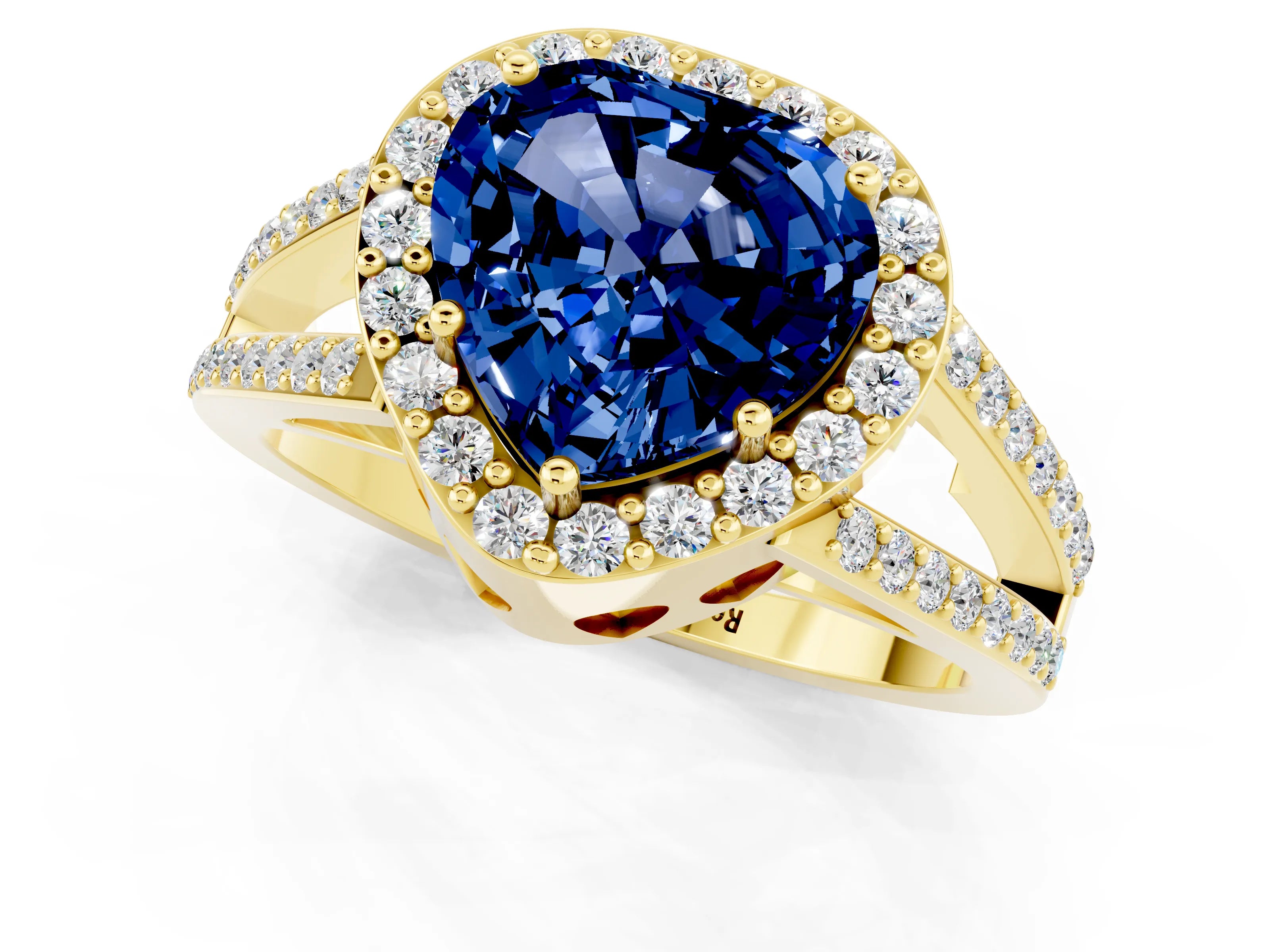 Yellow gold Heart Cut Blue Sapphire Halo Ring with Split Shank U-Prong Band and Four-Prong Setting_1