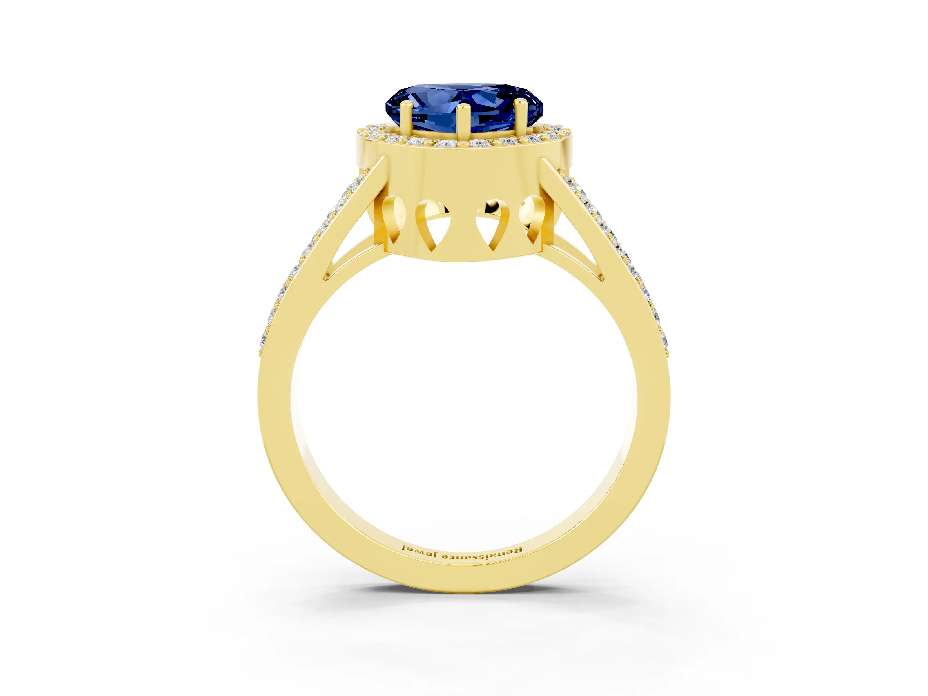 Yellow gold Heart Cut Blue Sapphire Halo Ring with Split Shank U-Prong Band and Four-Prong Setting_3