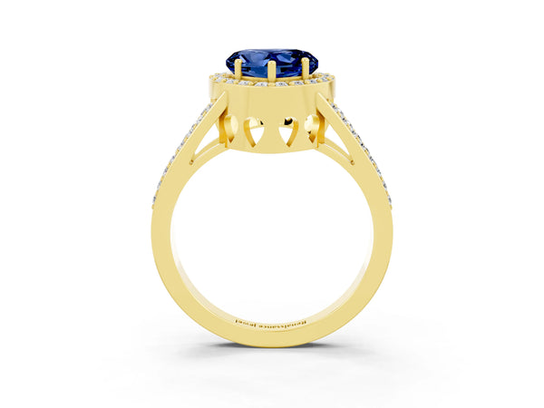 Yellow gold Heart Cut Blue Sapphire Halo Ring with Split Shank U-Prong Band and Four-Prong Setting
