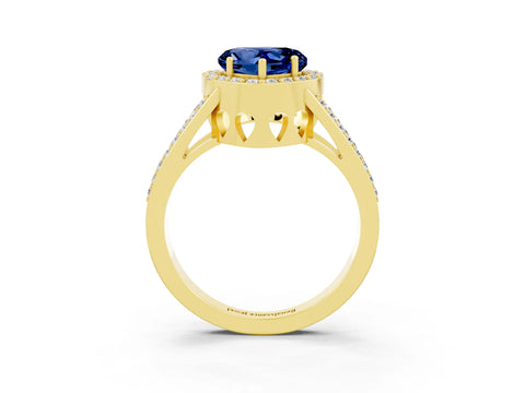Yellow gold Heart Cut Blue Sapphire Halo Ring with Split Shank U-Prong Band and Four-Prong Setting_3