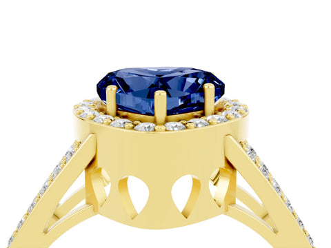 Yellow gold Heart Cut Blue Sapphire Halo Ring with Split Shank U-Prong Band and Four-Prong Setting_4