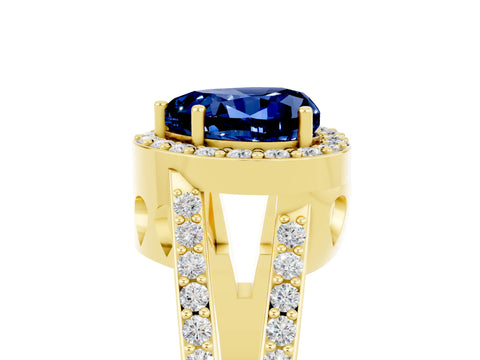Yellow gold Heart Cut Blue Sapphire Halo Ring with Split Shank U-Prong Band and Four-Prong Setting_5