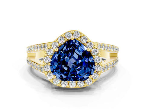 Yellow gold Heart Cut Blue Sapphire Halo Ring with Split Shank U-Prong Band and Four-Prong Setting