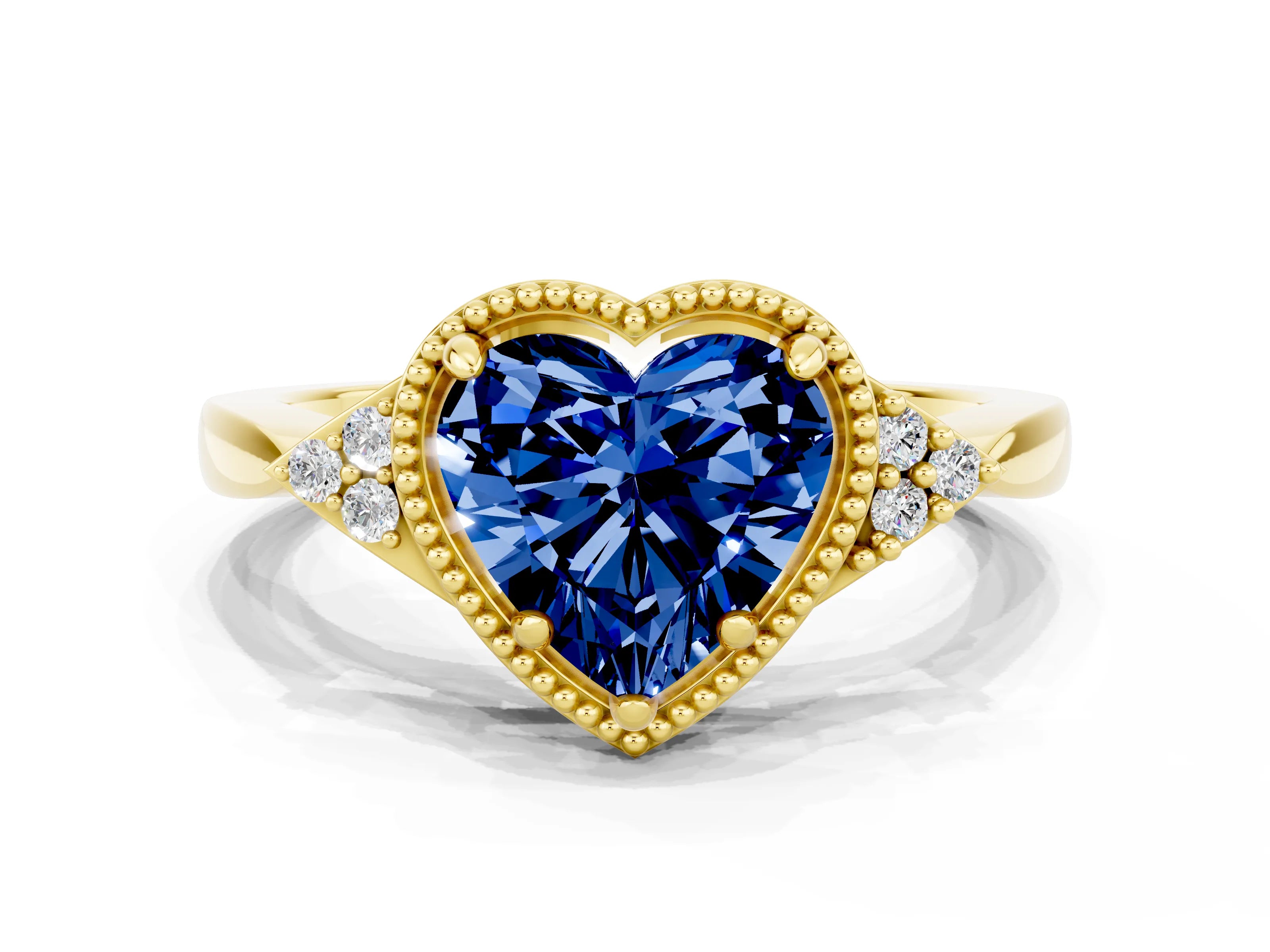 Yellow gold Heart Cut Blue Sapphire Halo Ring with Tapered Band and Four-Prong Setting