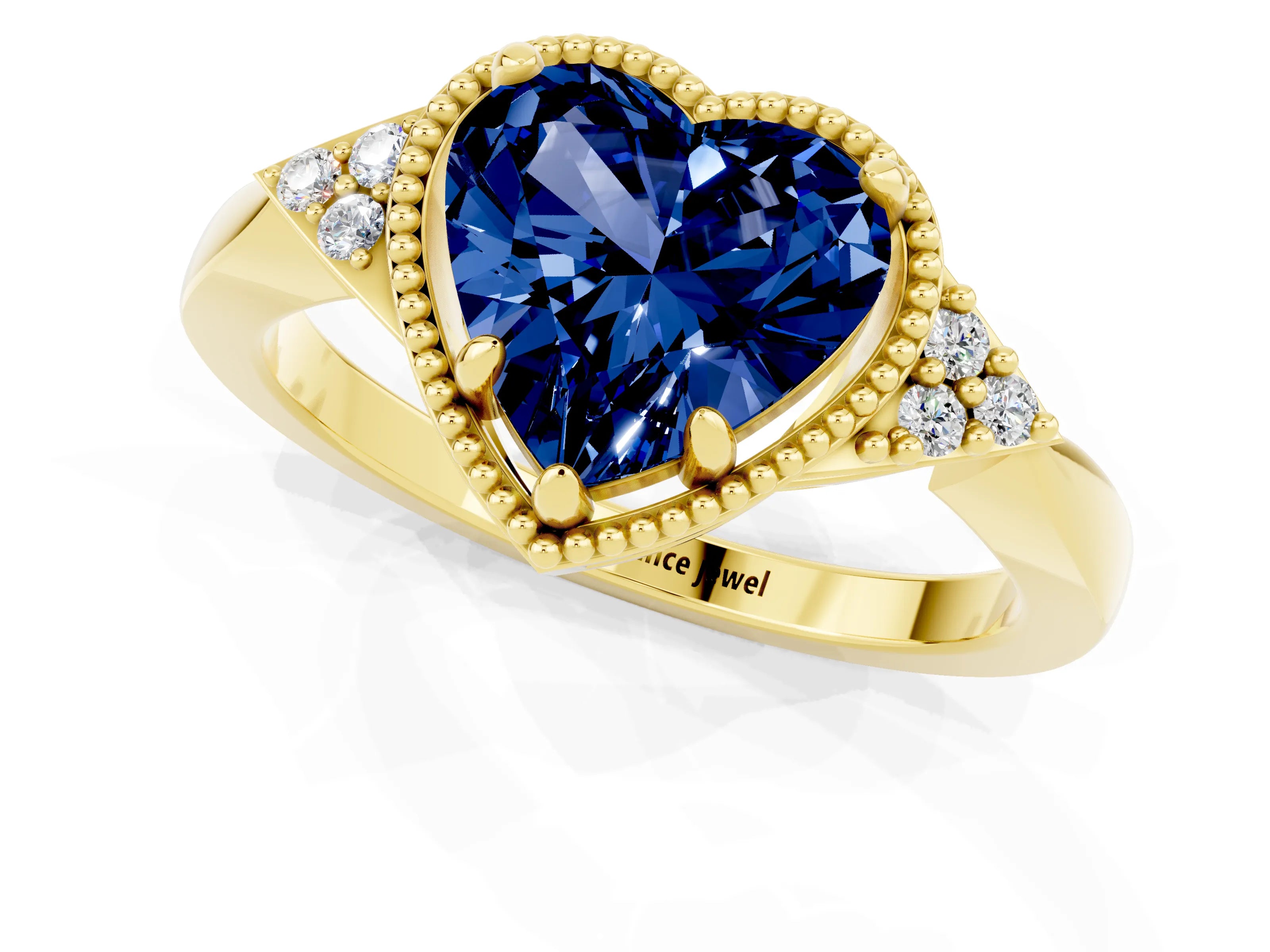 Yellow gold Heart Cut Blue Sapphire Halo Ring with Tapered Band and Four-Prong Setting_1