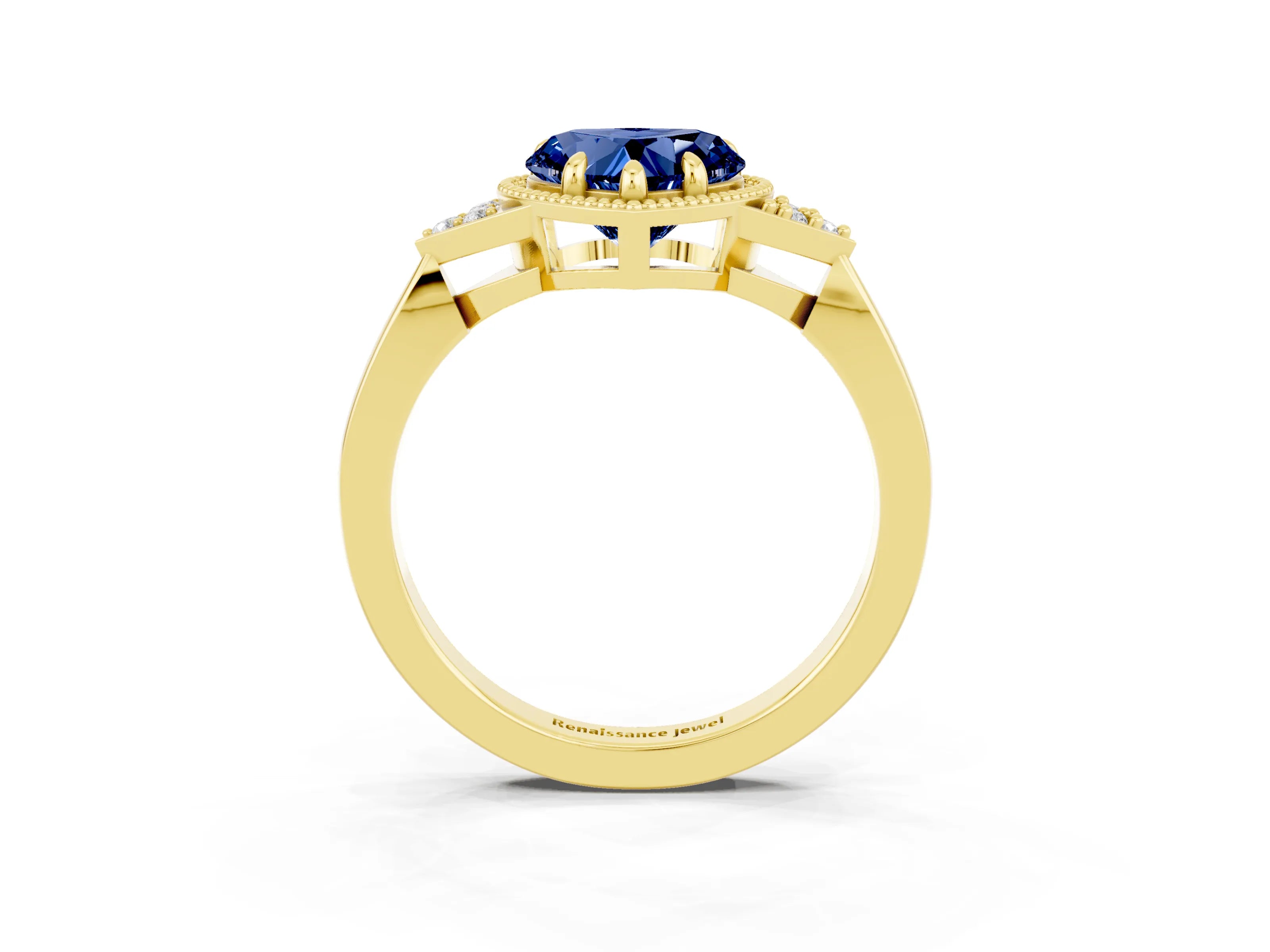 Yellow gold Heart Cut Blue Sapphire Halo Ring with Tapered Band and Four-Prong Setting_3