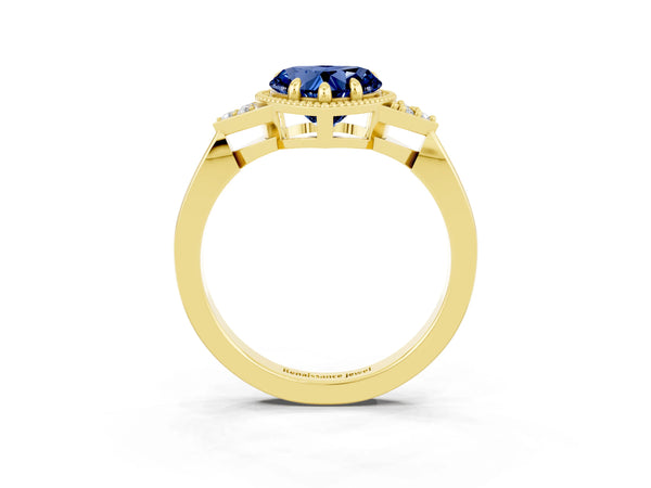 Yellow gold Heart Cut Blue Sapphire Halo Ring with Tapered Band and Four-Prong Setting
