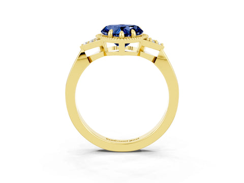 Yellow gold Heart Cut Blue Sapphire Halo Ring with Tapered Band and Four-Prong Setting_3