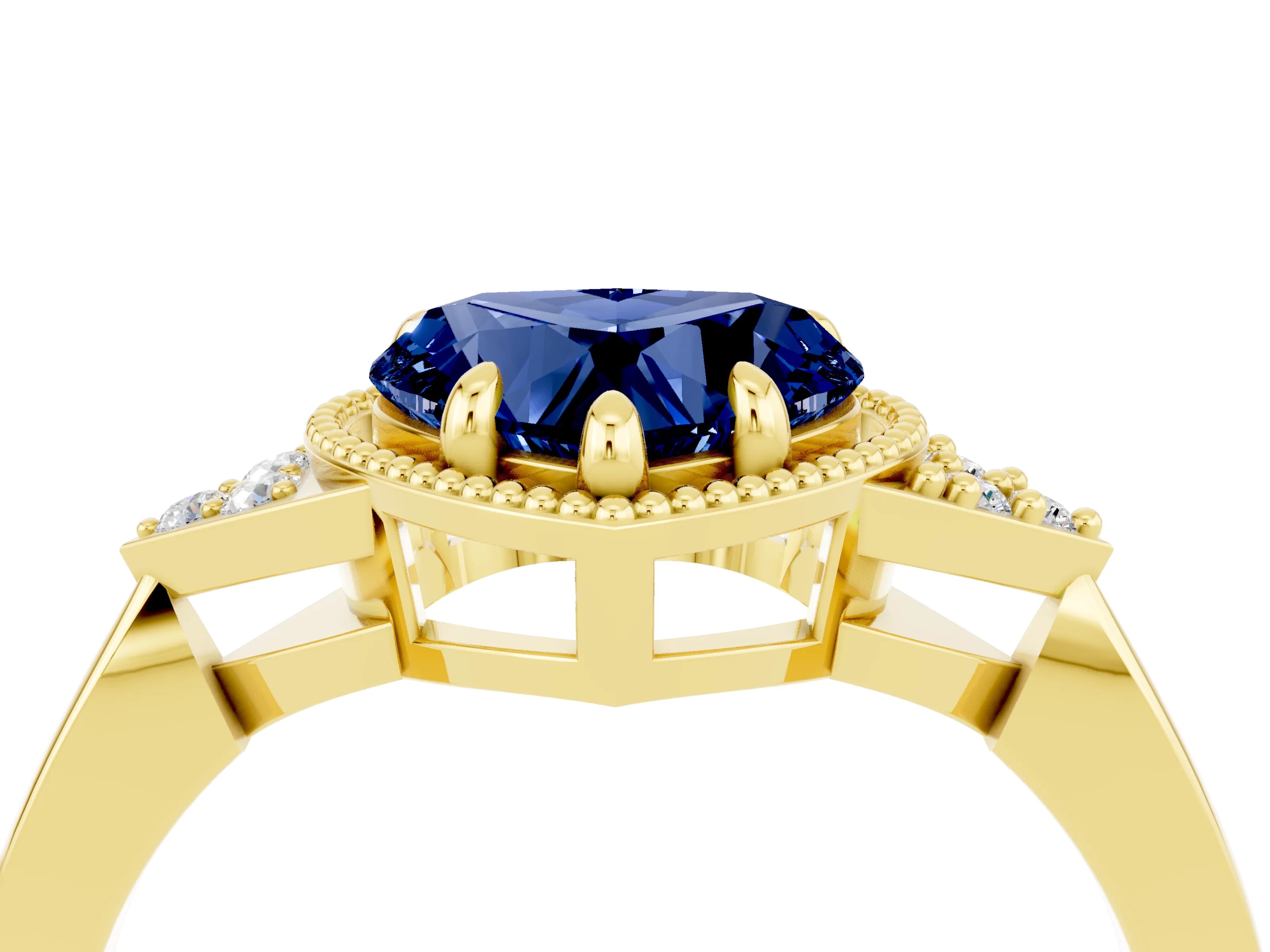 Yellow gold Heart Cut Blue Sapphire Halo Ring with Tapered Band and Four-Prong Setting_4
